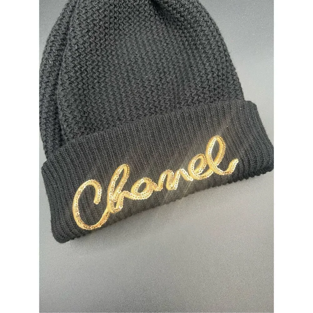 Chanel 22A Cashmere Black Gold Sequin CC Logo Beanie Winter Hat Cap Cloche